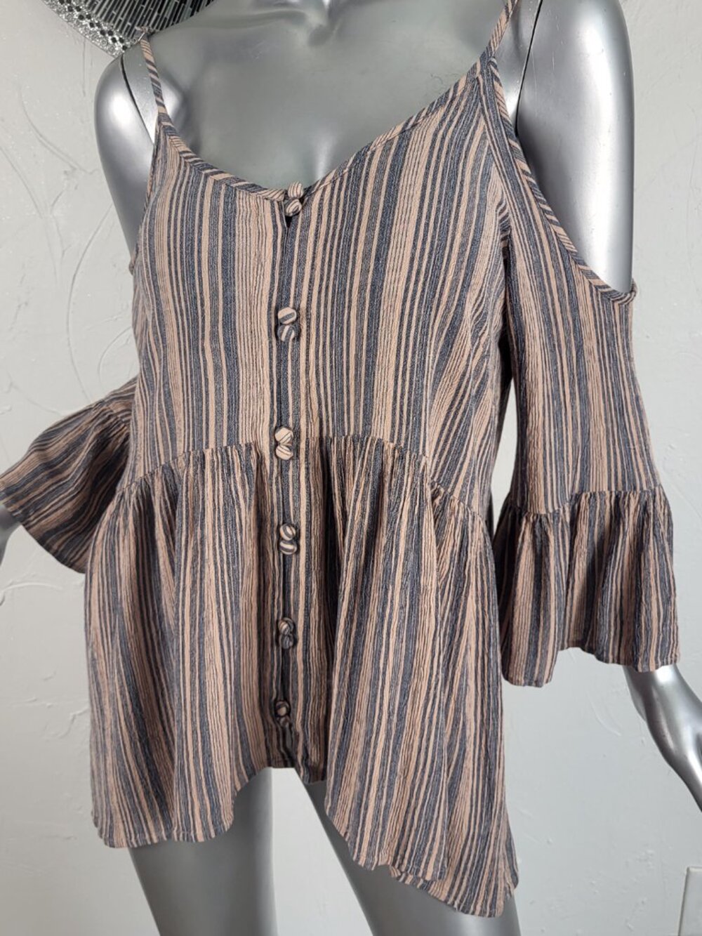 EN CREME~SZ L~PINK PEACH COLD SHOULDER RUFFLE TUNIC TOP PEASANT BO HO HIPPIE